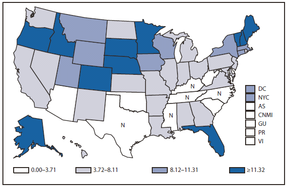 GIARDIASIS - This figure is a map of the United States and U.S. territories that presents the incidence range per 100,000 population of giardiasis cases in each state and territory in 2010.